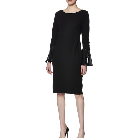 Calvin Klein Black Chiffon Slit Bell Sleeve Stretch Crepe Sheath‎ Dress 6 - Picture 1 of 12